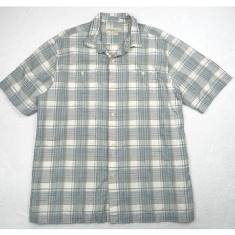 Tommy Bahama Shirt Mens Size XL Gray White Plaid Button Up Pockets Original Silk